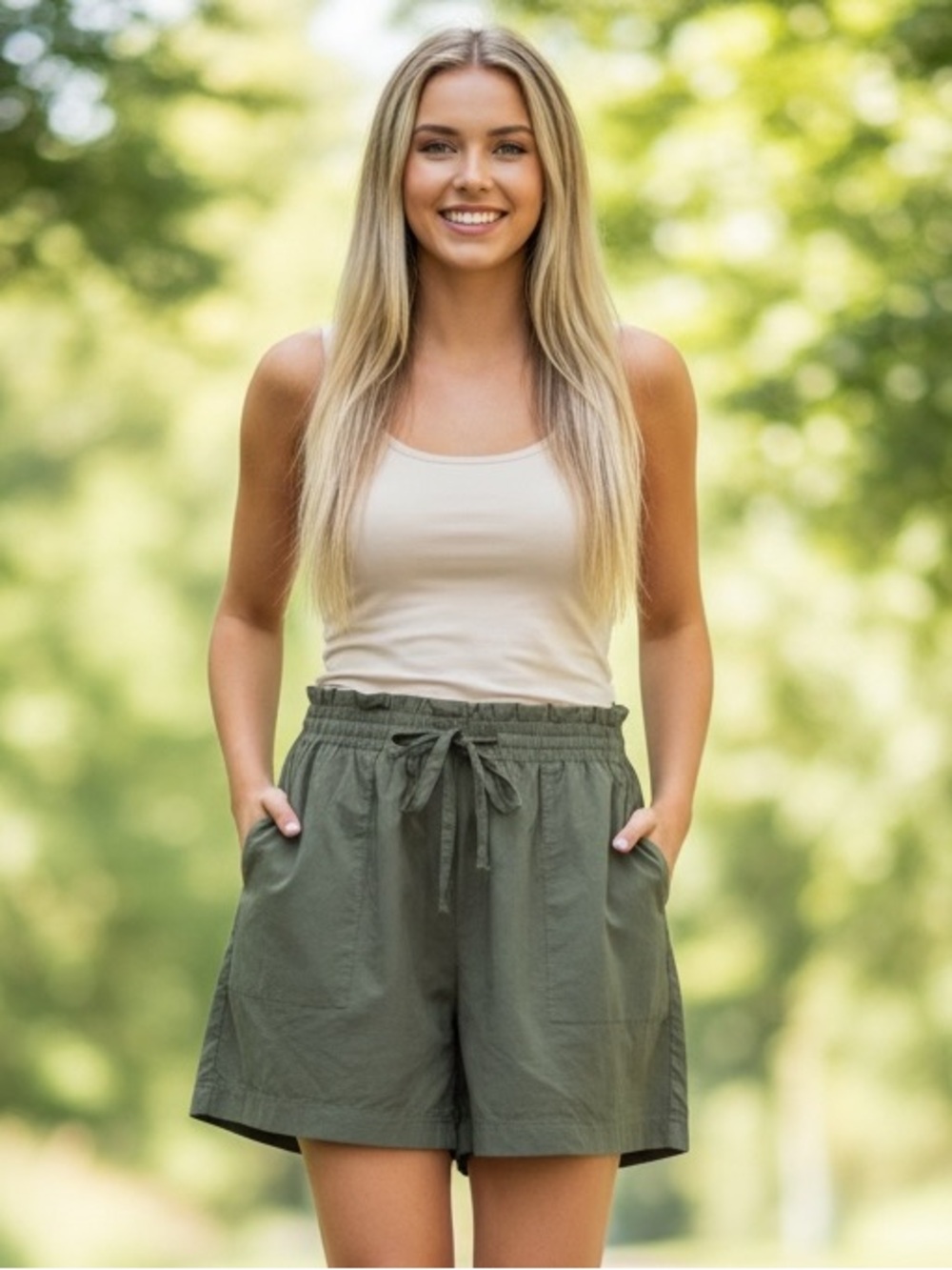 Sol Paperbag Elastic Waist Khaki Green Shorts Size XXL